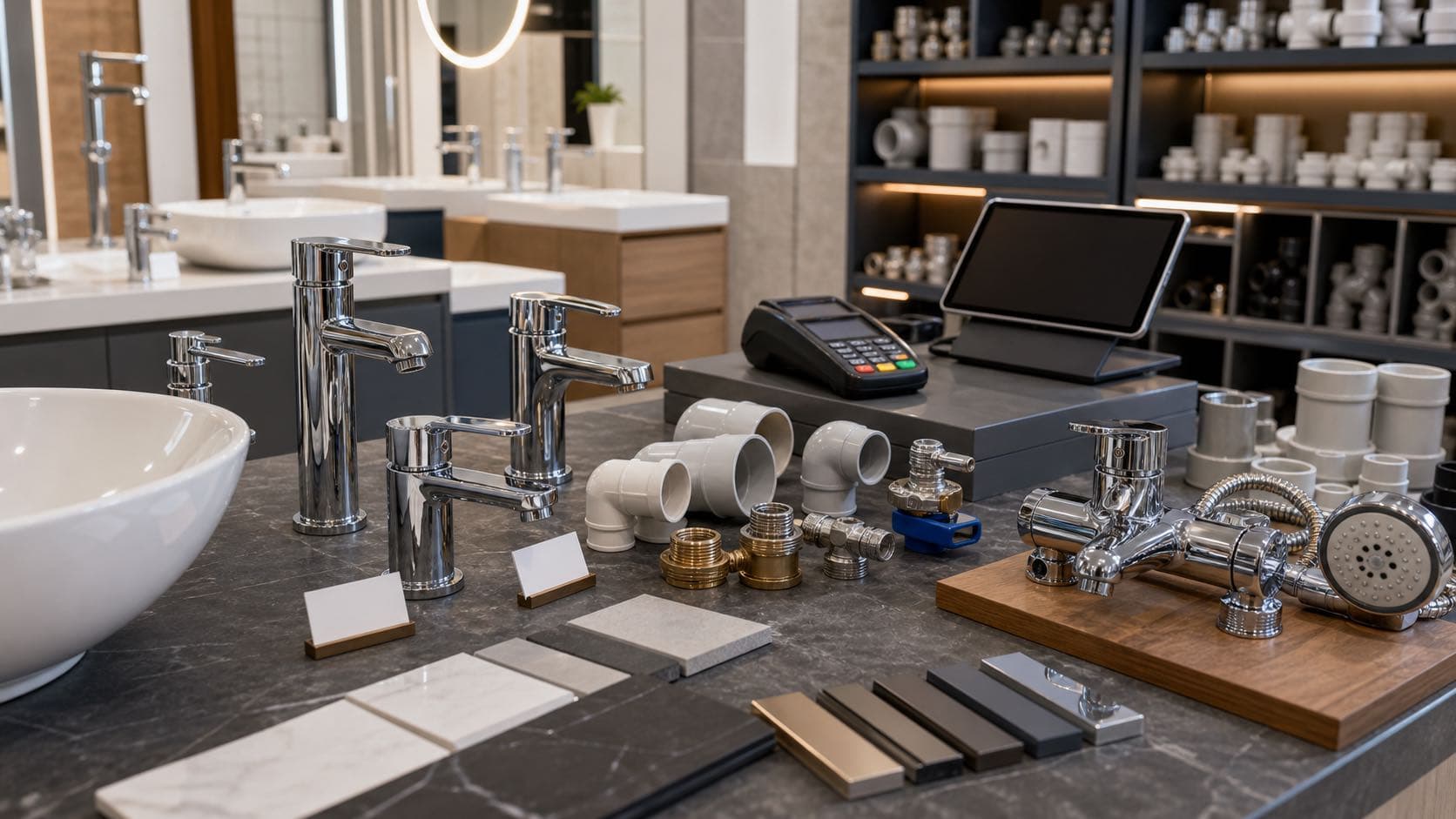 Showroom sanitaire et plomberie avec stock, devis, variantes et paiements